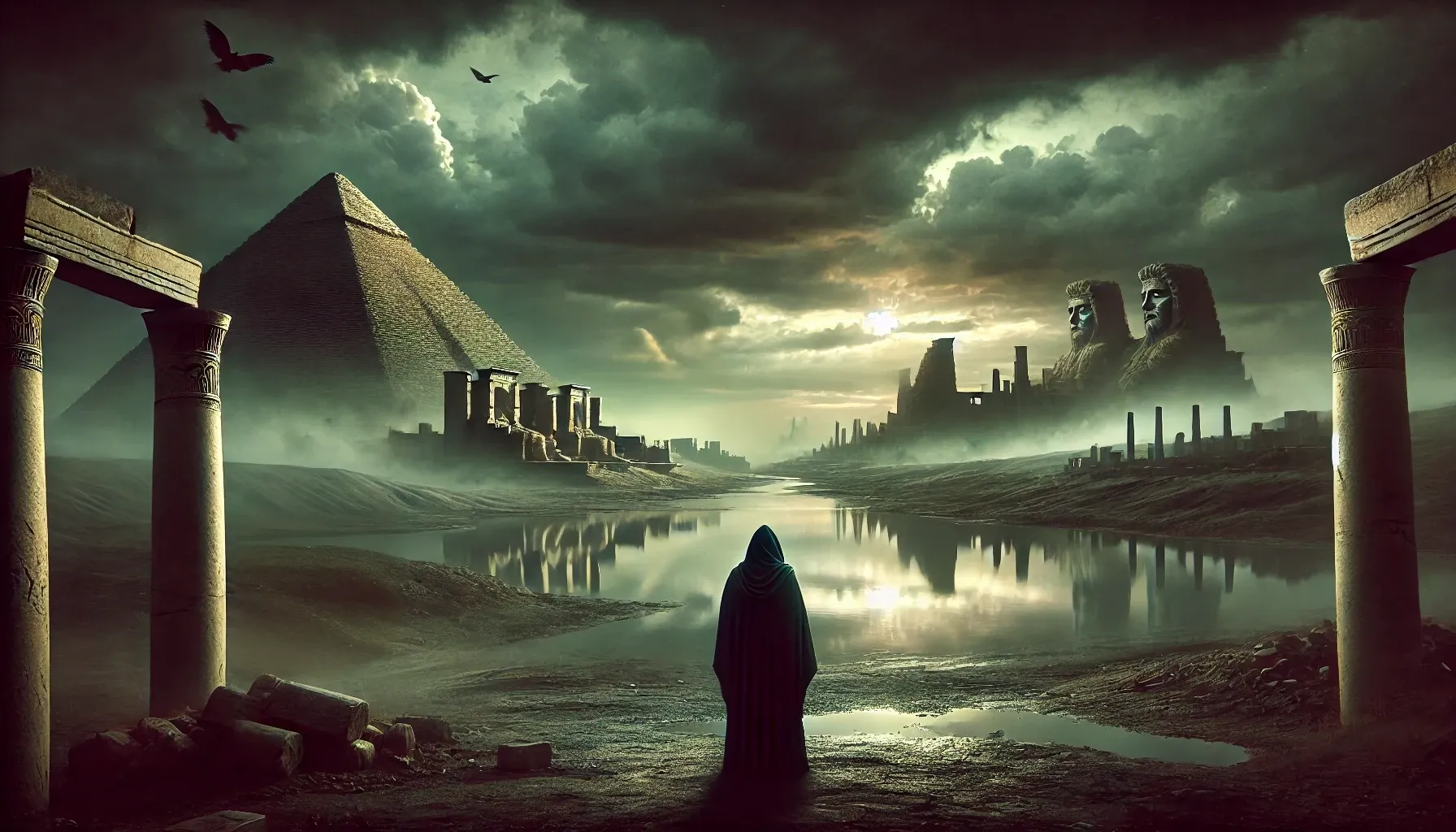 A lone hooded figure stands before the ruins of an ancient Mesopotamian city under a stormy sky.