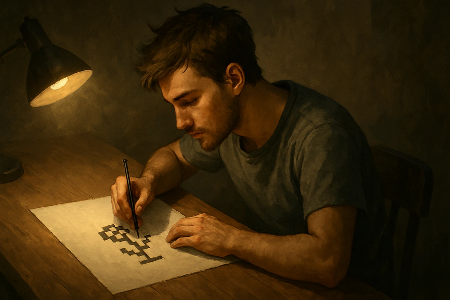 Young indie artist drawing pixel art on paper under warm desk light, concept art style.